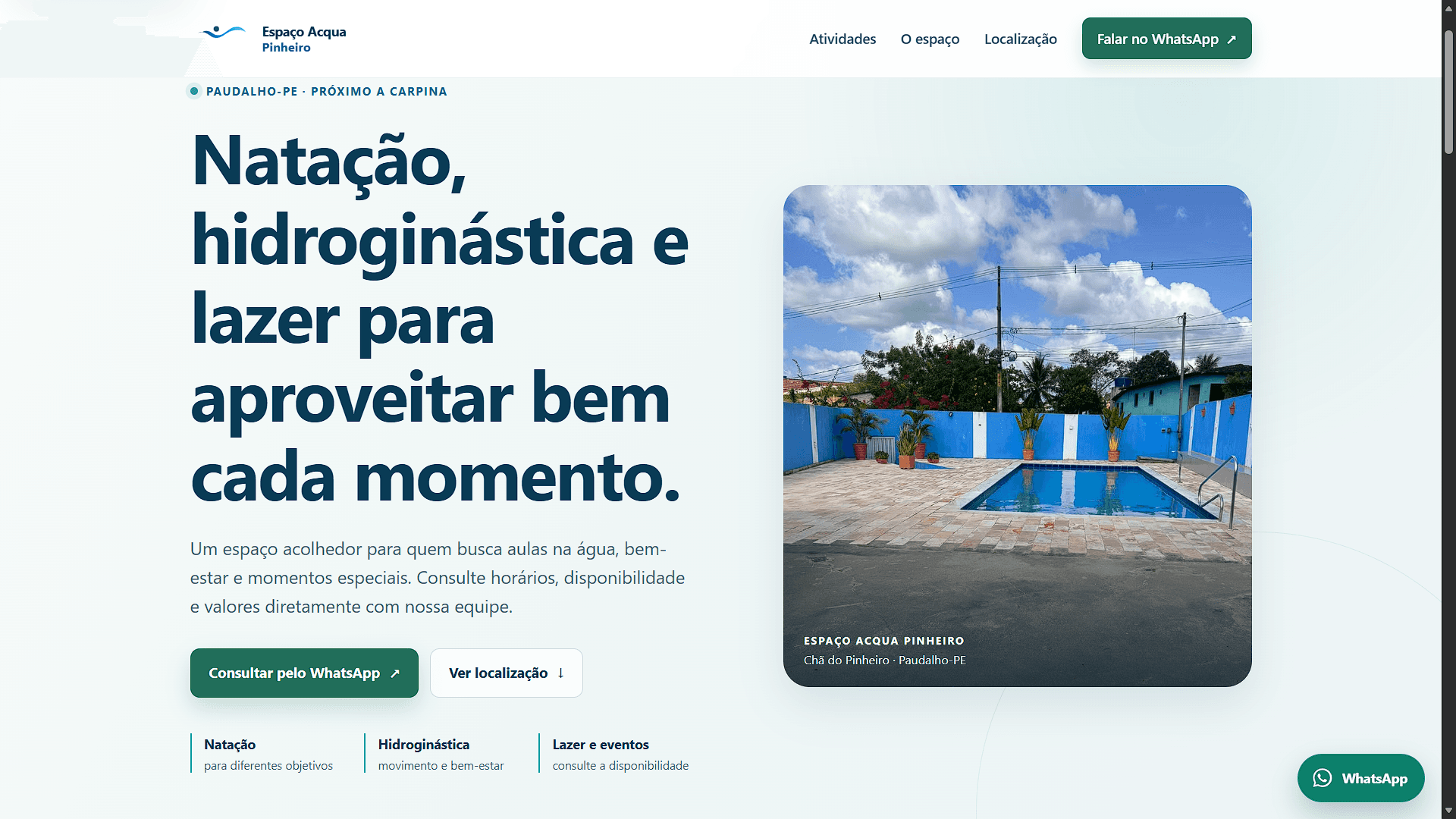 Página inicial do site Espaço Acqua Pinheiro, desenvolvido pela Vértice 81